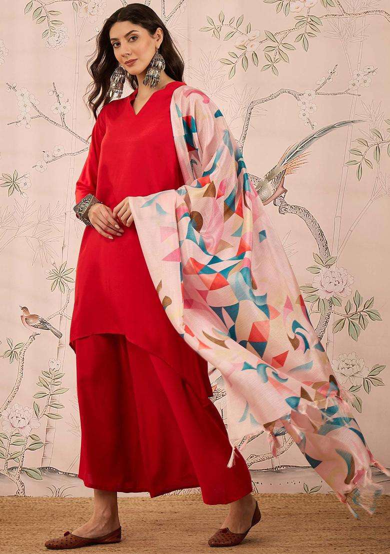 Red Solid Viscose Kurta Set - Indya
