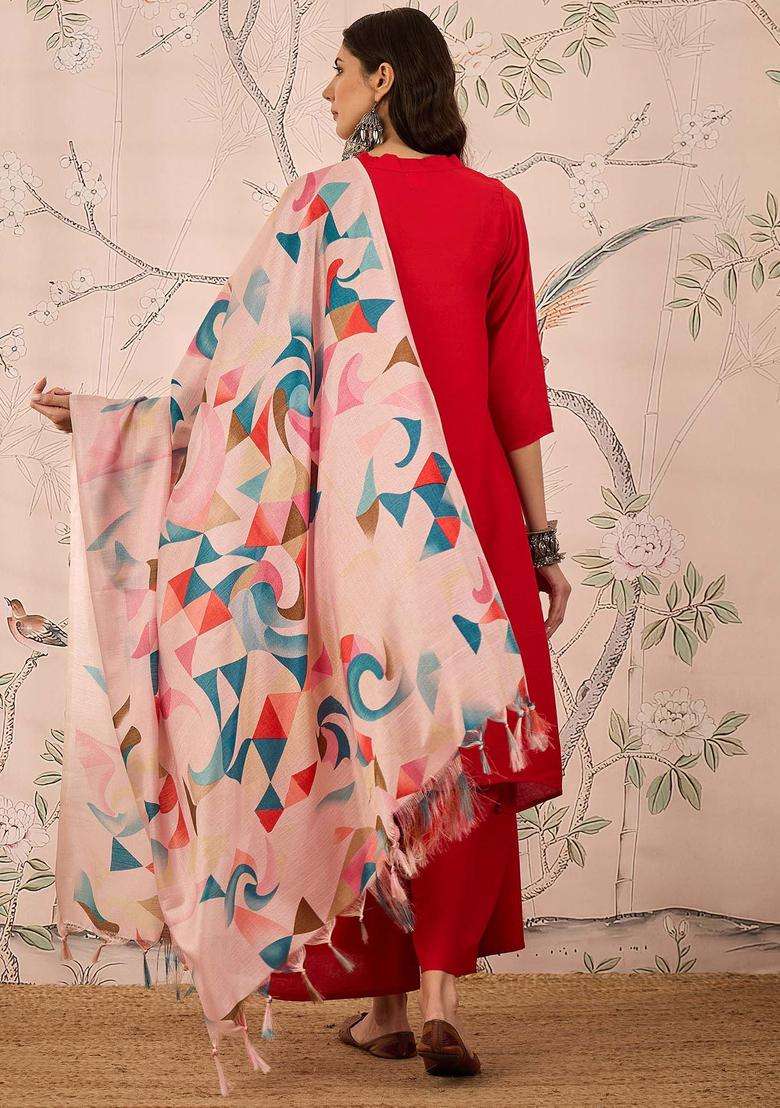 Red Solid Viscose Kurta Set - Indya