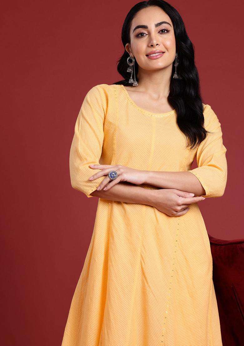 Yellow Striped Cotton Kurta Set - Indya