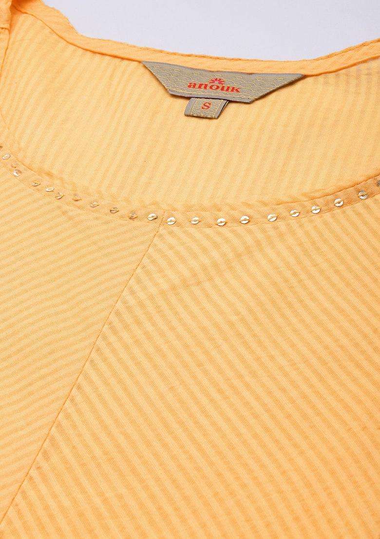 Yellow Striped Cotton Kurta Set - Indya