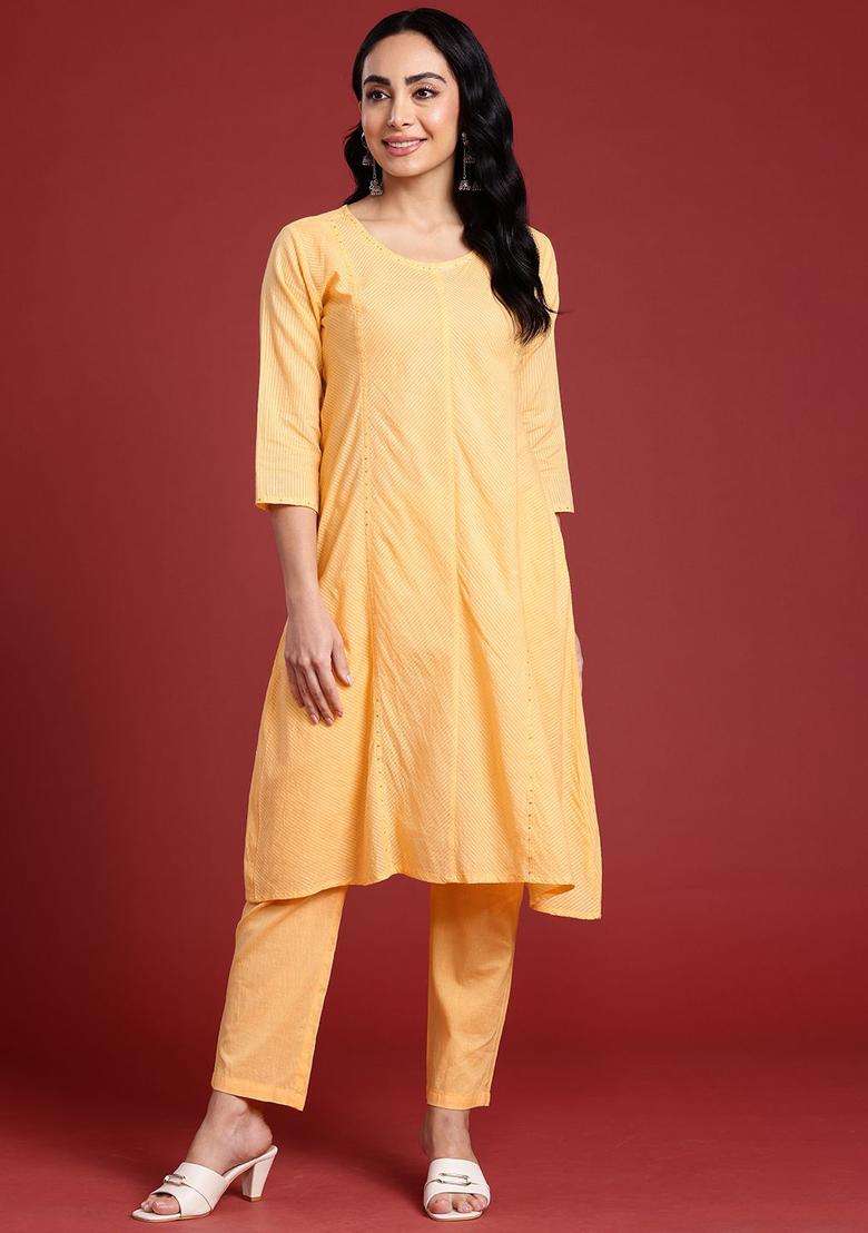 Yellow Striped Cotton Kurta Set - Indya
