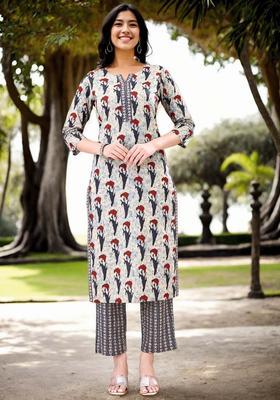 Grey Printed Cotton Kurta Set
