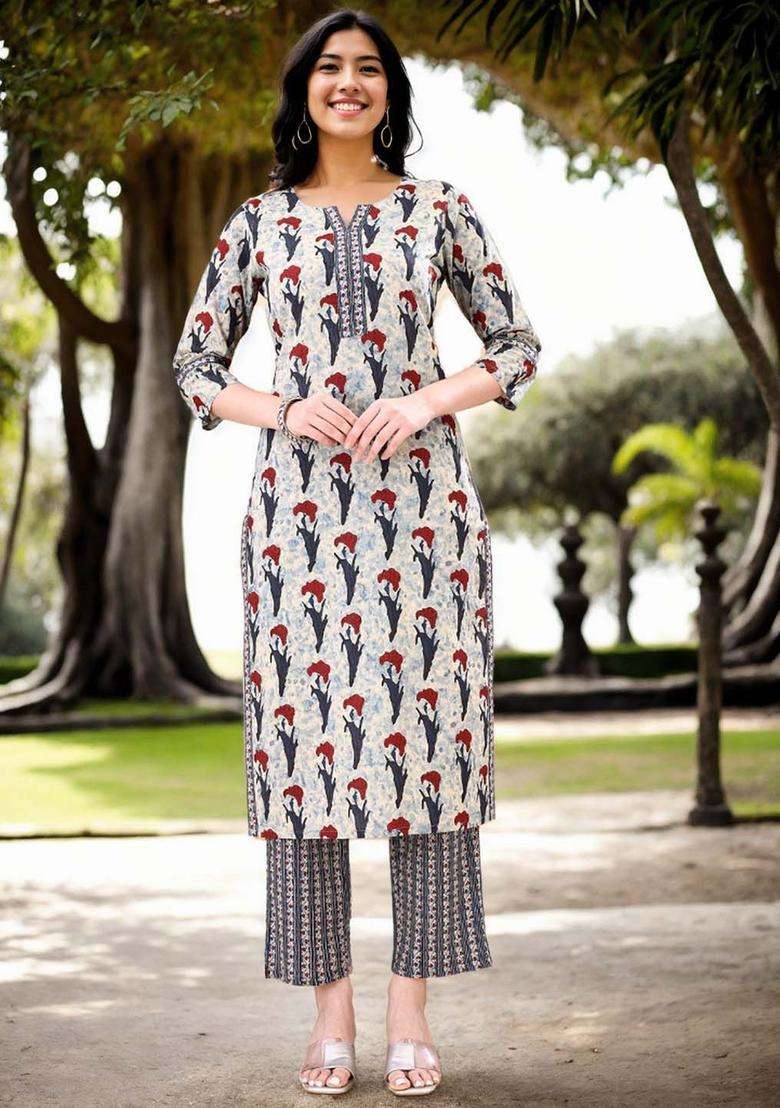 Grey Printed Cotton Kurta Set - Indya