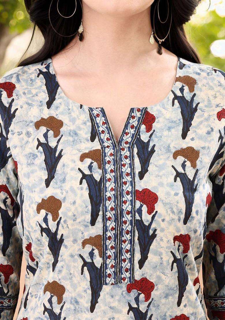 Grey Printed Cotton Kurta Set - Indya