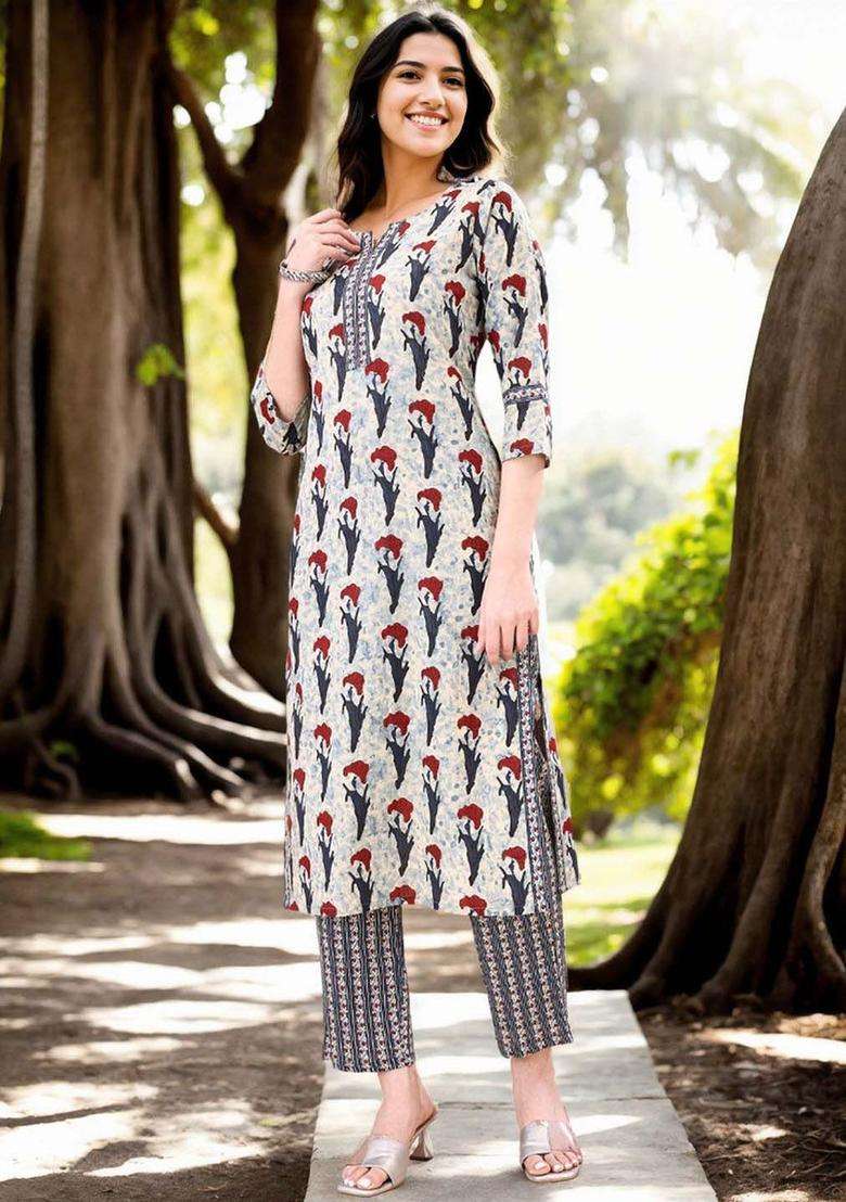 Grey Printed Cotton Kurta Set - Indya
