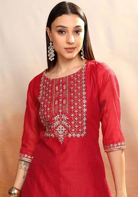 Red Embroidered Viscose Kurta Set