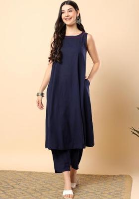 Navy Blue Solid Blended Kurta Set