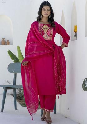 Pink Embroidered Cotton Kurta Set