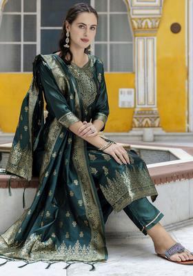 Green Self Design Cotton Kurta Set