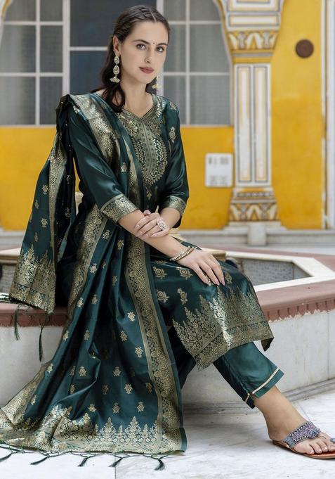 Green Self Design Cotton Kurta Set — view on Indya