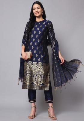 Navy Blue Woven Design Silk Blend Kurta Set