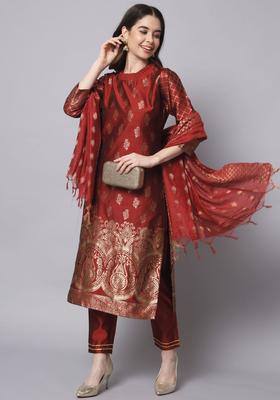 Maroon Printed Silk Blend Kurta Set