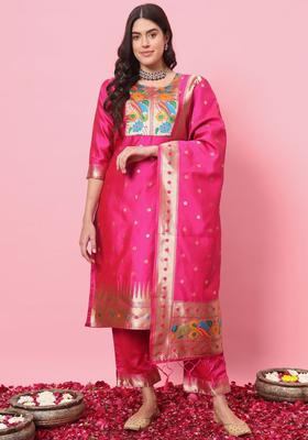 Pink Woven Design Silk Kurta Set