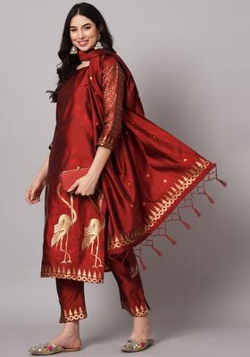 Maroon Woven Design Silk Blend Kurta Set