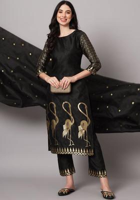 Black Woven Design Silk Blend Kurta Set