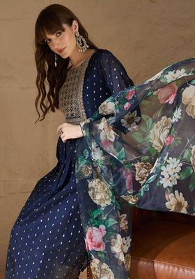 Navy Blue Embroidered Silk Kurta Set