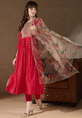 Red Woven Design Silk Blend Kurta Set