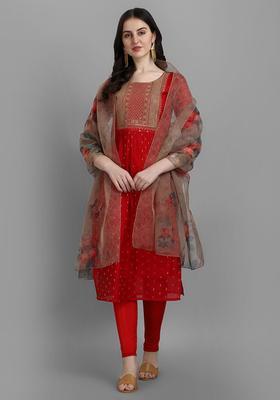Red Printed Silk Kurta Set