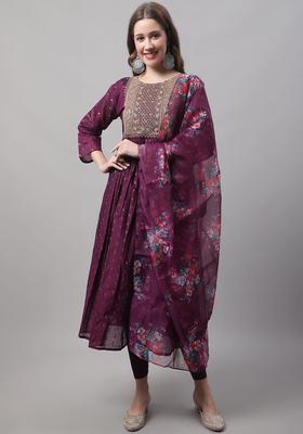 Purple Woven Design Silk Blend Kurta Set