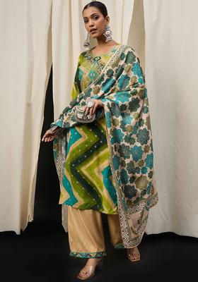 Teal Embroidered Viscose Kurta Set