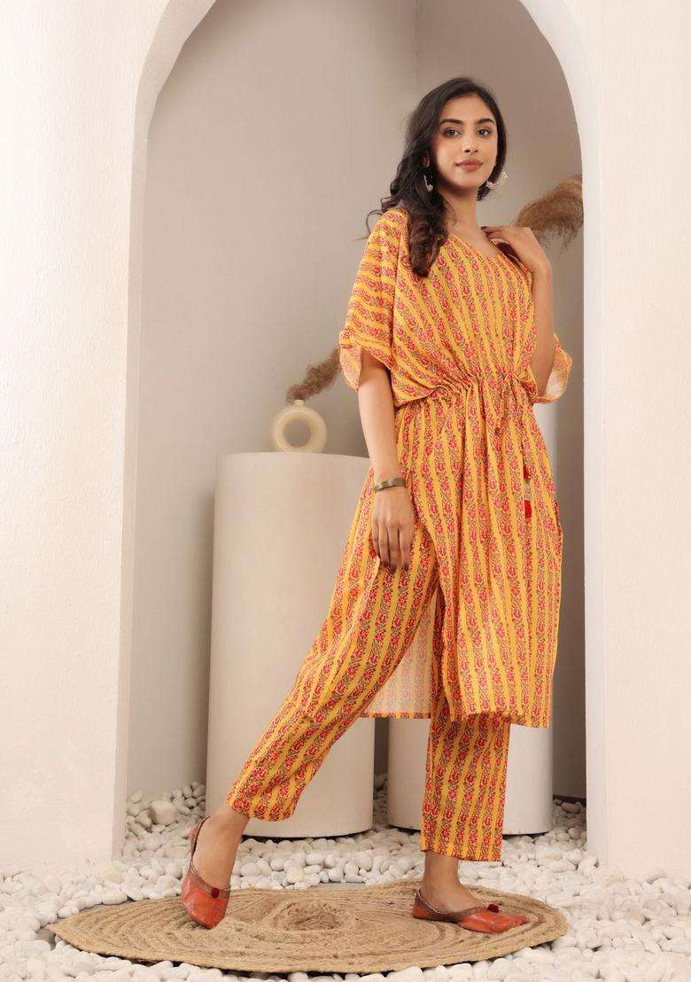 Mustard Printed Cotton Kurta Set - Indya