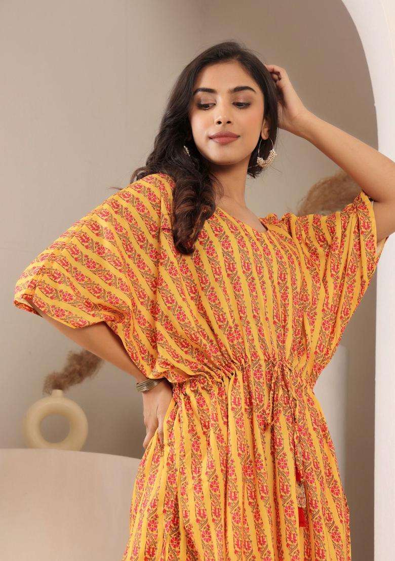 Mustard Printed Cotton Kurta Set - Indya