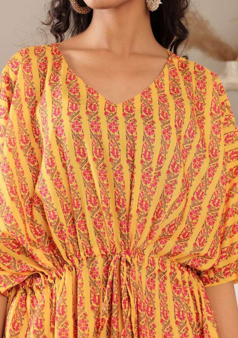 Mustard Printed Cotton Kurta Set - Indya