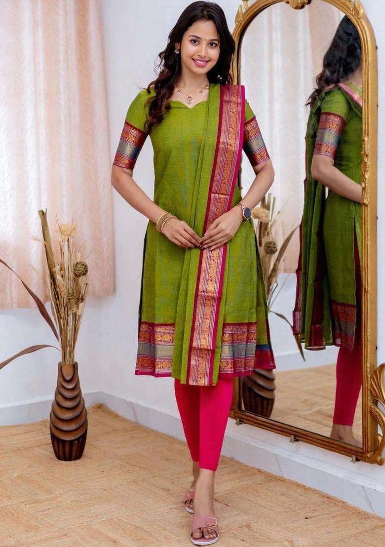 Olive Solid Cotton Kurta Set - Indya