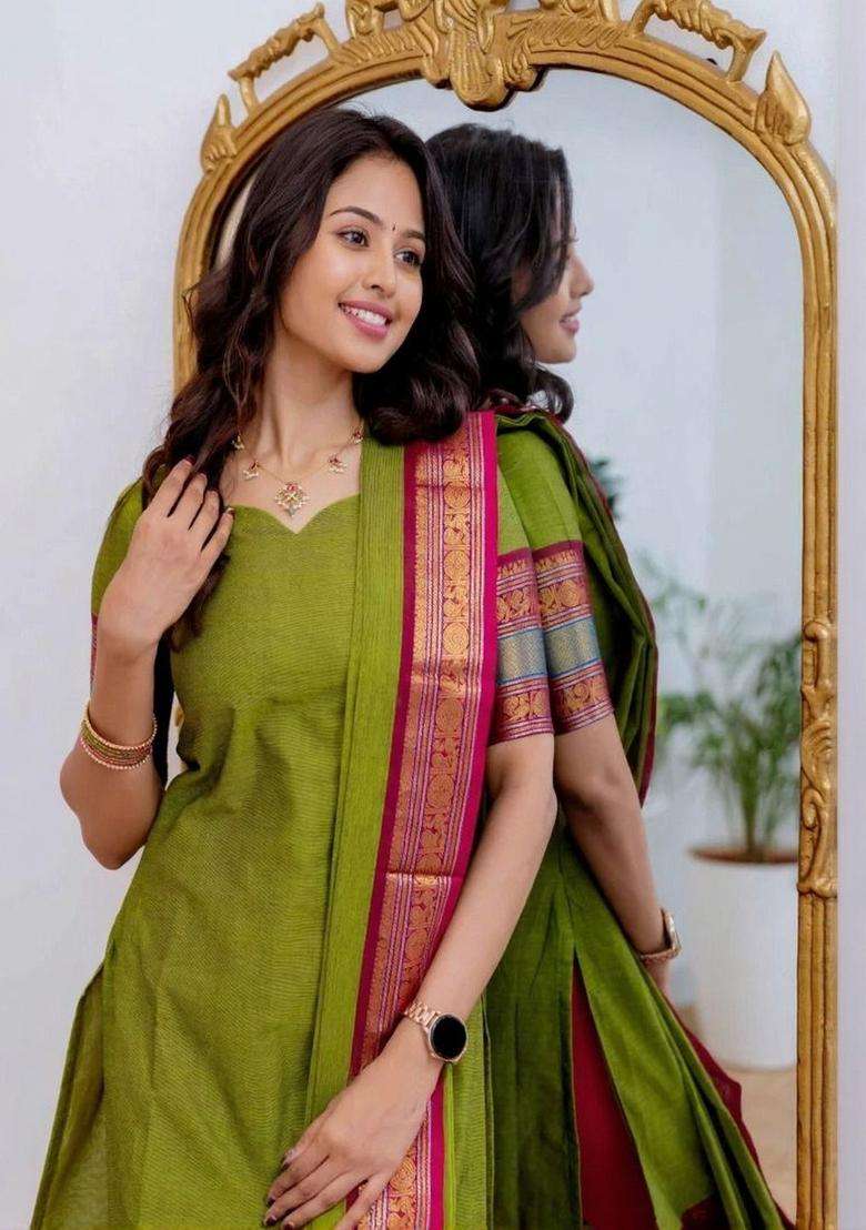 Olive Solid Cotton Kurta Set - Indya