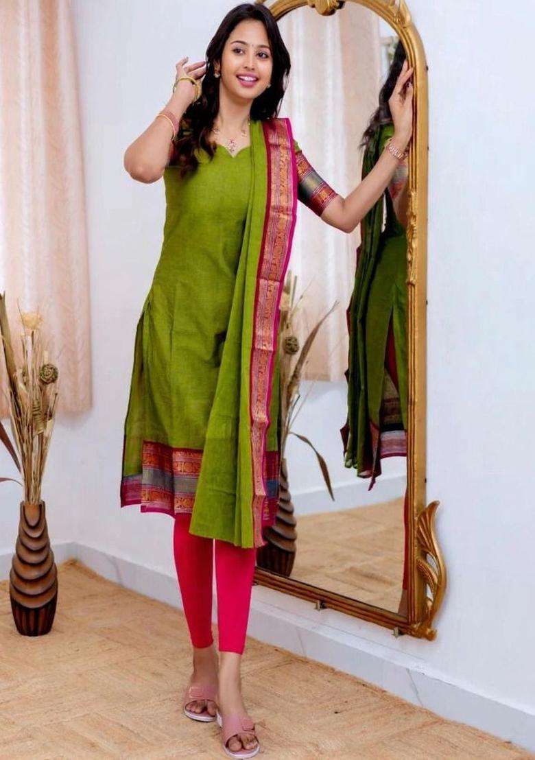 Olive Solid Cotton Kurta Set - Indya