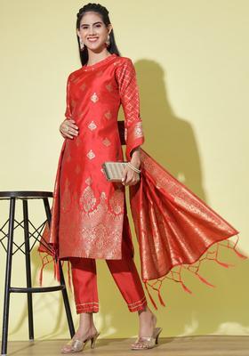 Red Woven Design Cotton Kurta Set