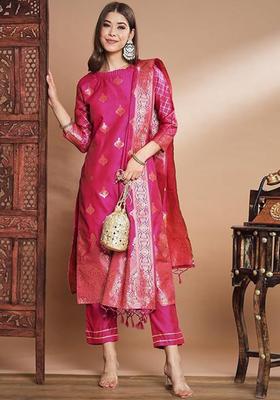 Pink Woven Design Silk Blend Kurta Set