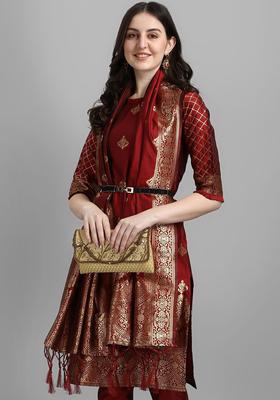 Maroon Woven Design Silk Kurta Set