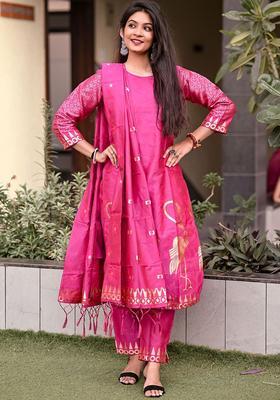 Pink Printed Silk Blend Kurta Set