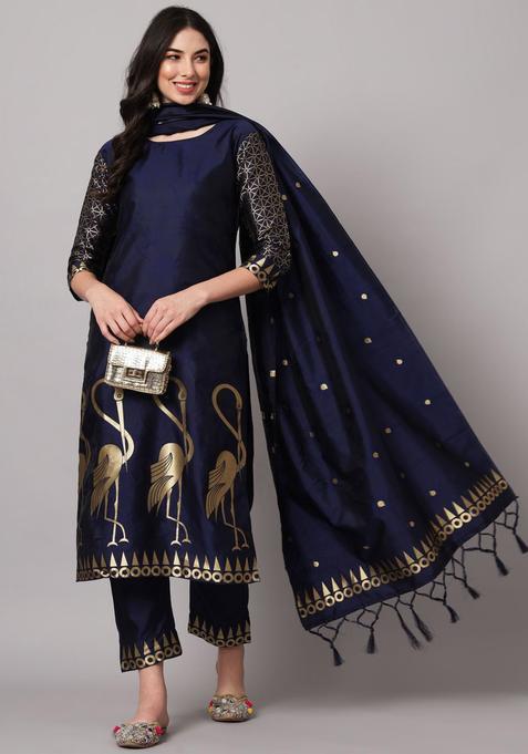 Blue Woven Design Silk Kurta Set — view on Indya