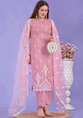 Pink Embroidered Net Kurta Set
