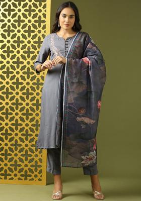 Grey Embroidered Polyester Kurta Set