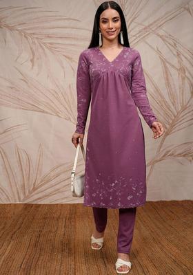 Purple Embroidered Polyester Kurta Set