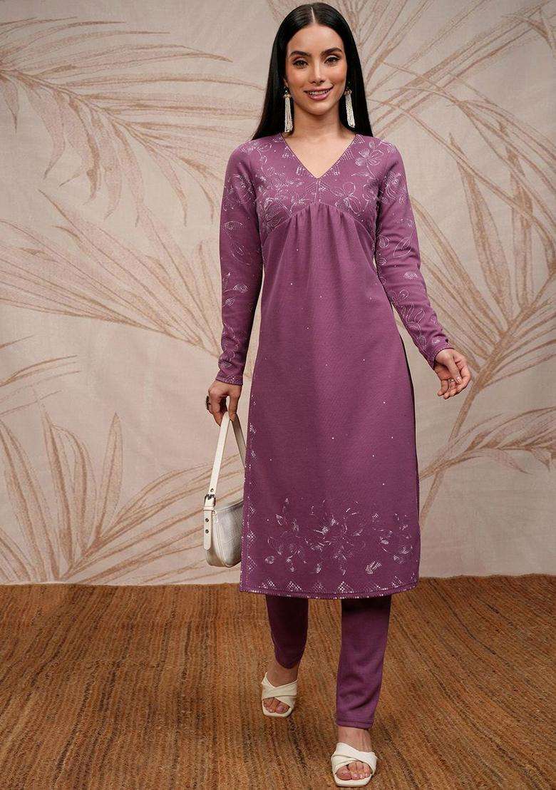 Purple Embroidered Polyester Kurta Set - Indya