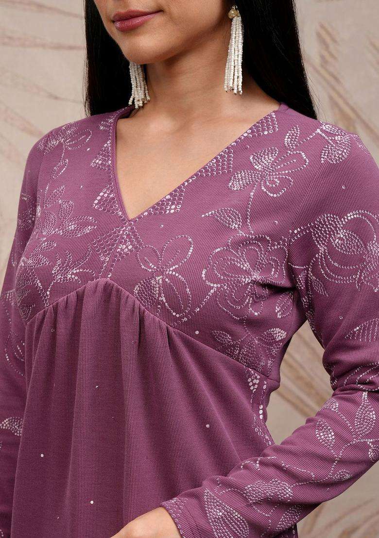 Purple Embroidered Polyester Kurta Set - Indya