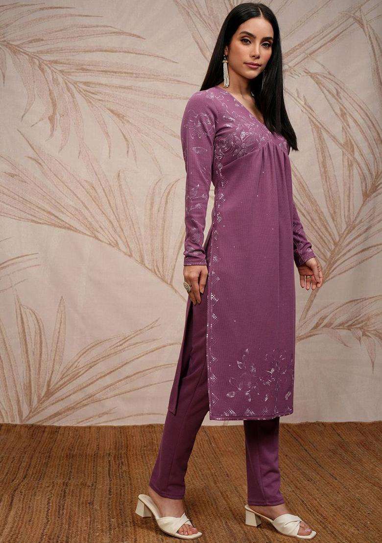 Purple Embroidered Polyester Kurta Set - Indya