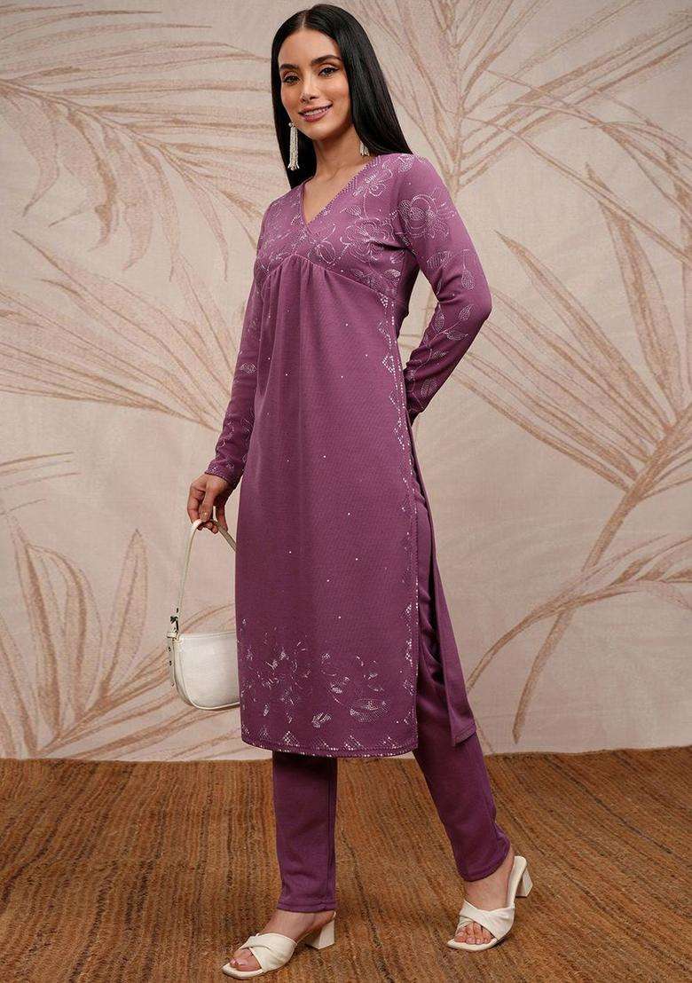 Purple Embroidered Polyester Kurta Set - Indya