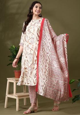 Off White Printed Silk Blend Kurta Set