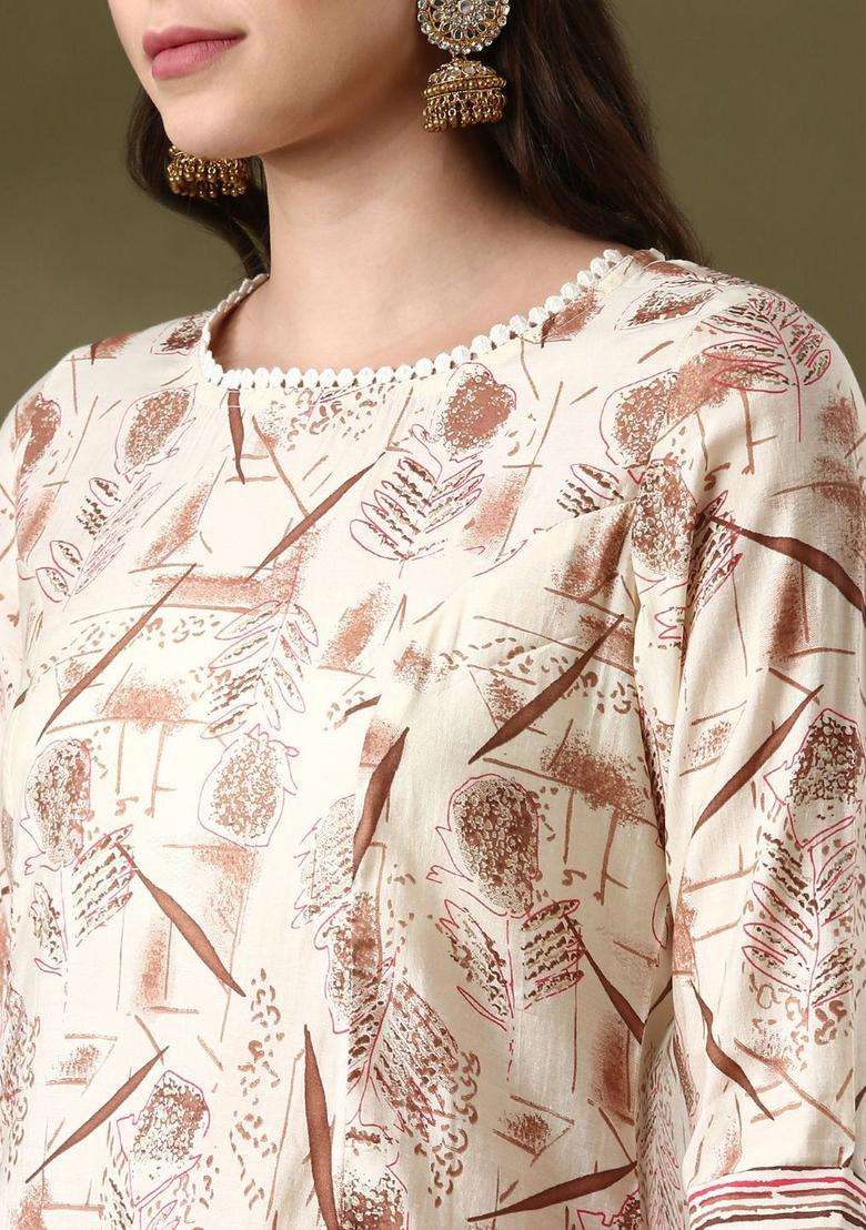 Off White Printed Silk Blend Kurta Set - Indya