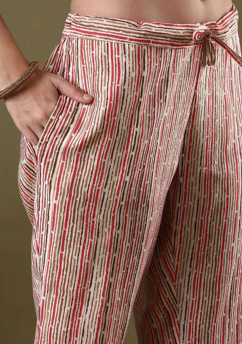Off White Printed Silk Blend Kurta Set - Indya