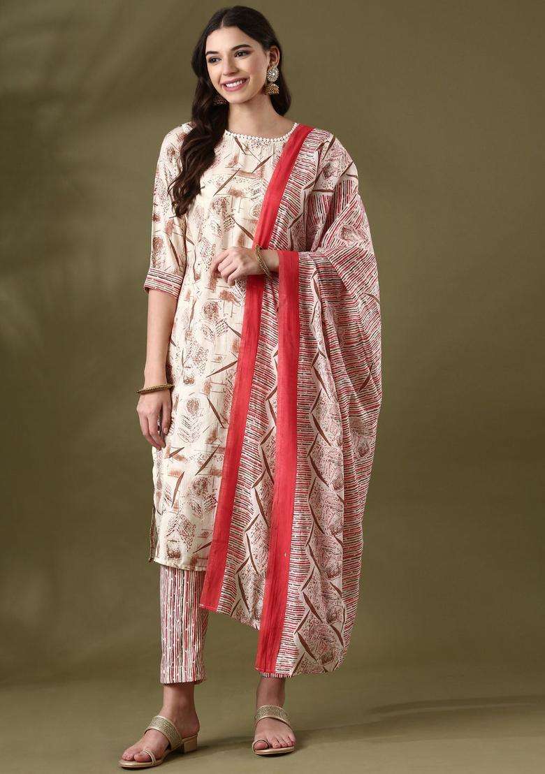 Off White Printed Silk Blend Kurta Set - Indya