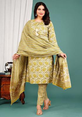 Off White Printed Cotton Kurta Set