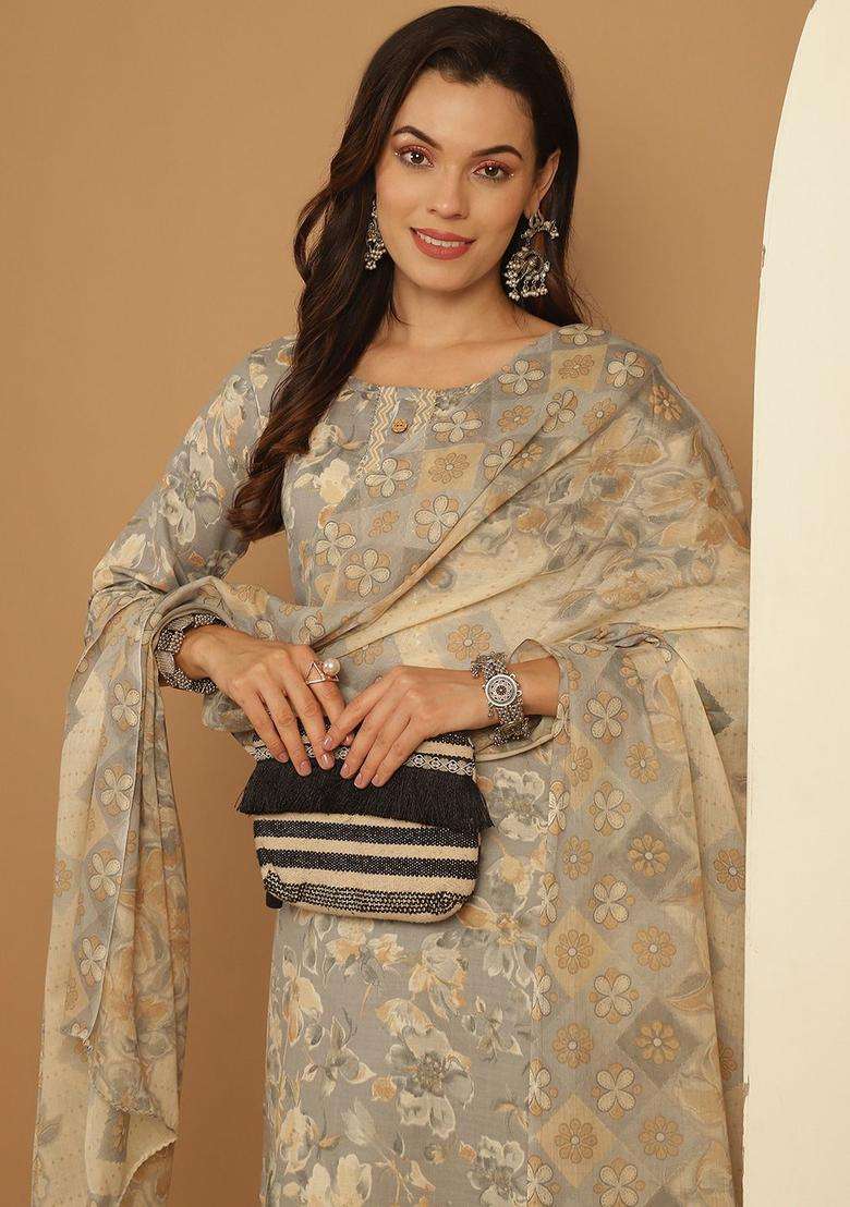 Grey Printed Cotton Kurta Set - Indya