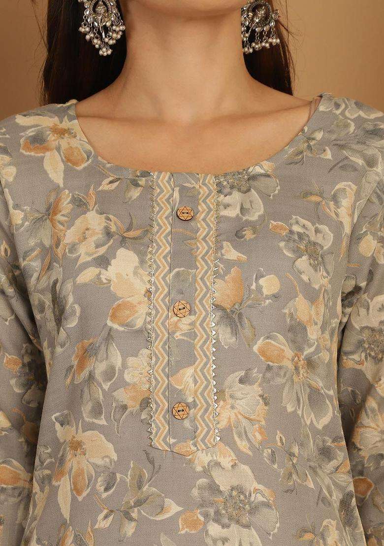 Grey Printed Cotton Kurta Set - Indya
