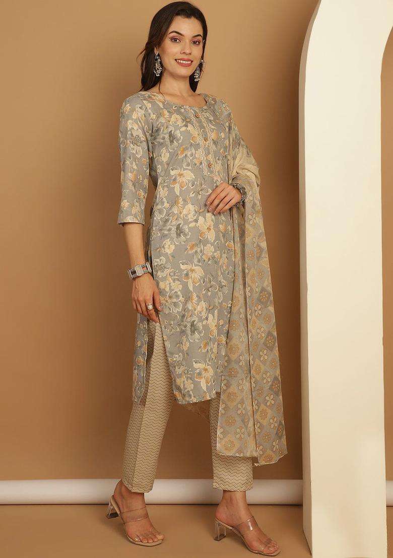 Grey Printed Cotton Kurta Set - Indya